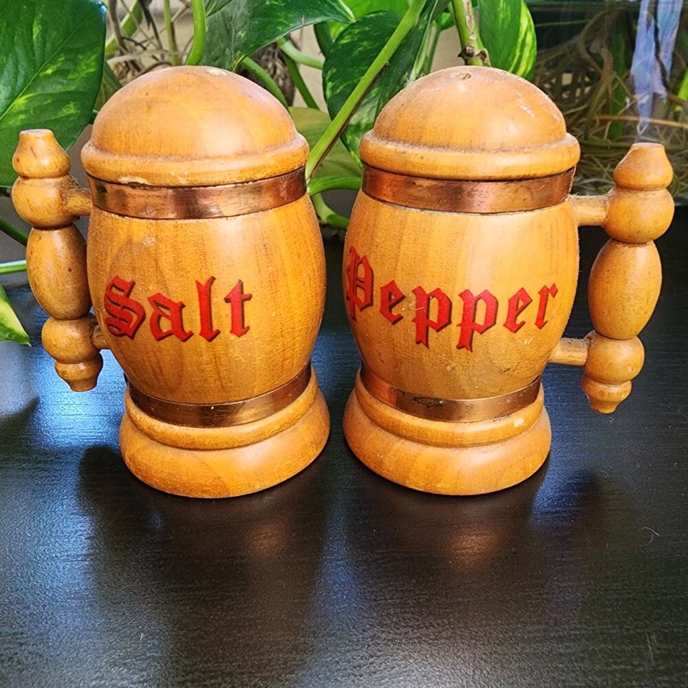 Vintage Beer Stein Mug Handled Copper Accent MCM Wood Salt and Pepper Shakers